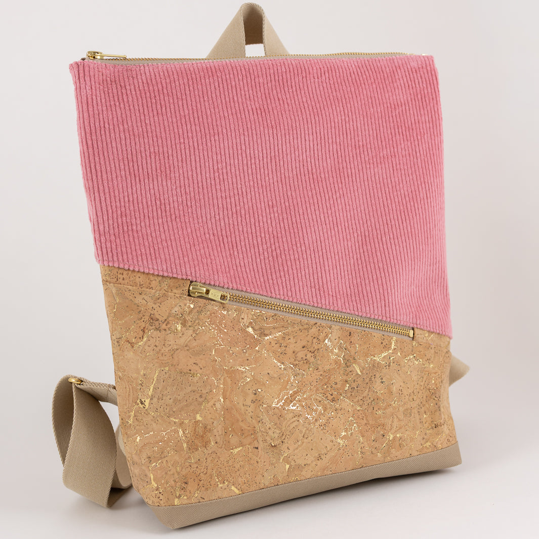 Einzelstück - Mini-Rucksack Kork Natur Gold Cord Bubblegum mit Geheimfach