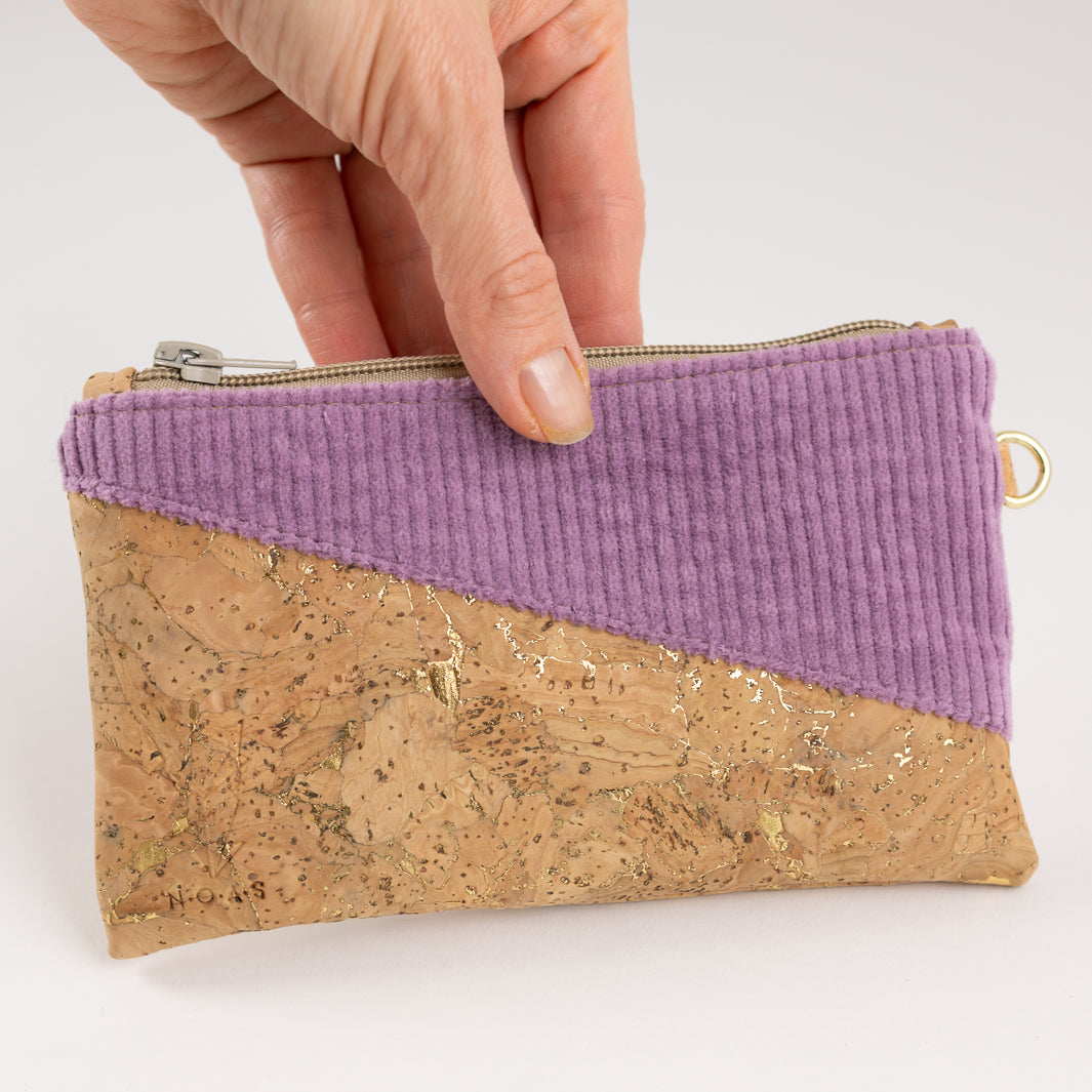 Einzelstück - Mini-Geldbörse Kork Natur Gold Cord Lilac mit Kartenfächern