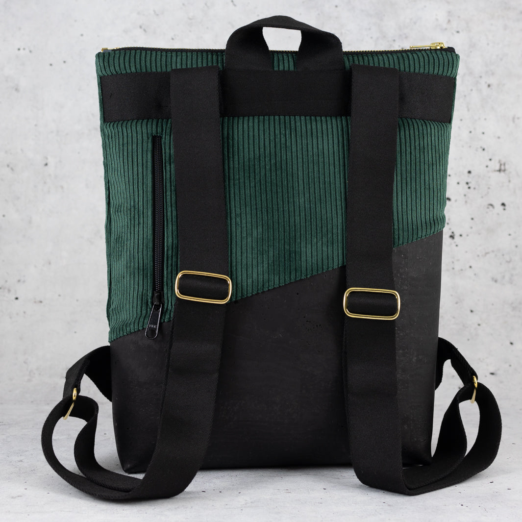 Mini-Rucksack Kork Schwarz Cord Waldgrün mit Geheimfach