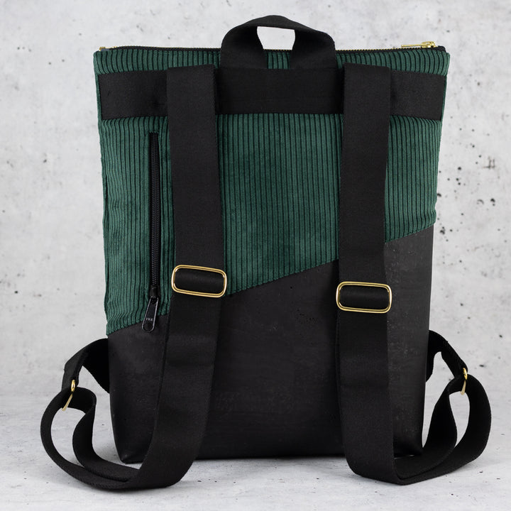 Mini-Rucksack Kork Schwarz Cord Waldgrün mit Geheimfach