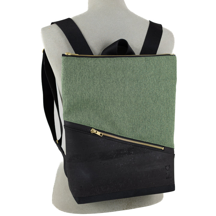 Mini-Rucksack Kork Schwarz Canvas Waldgrün mit Geheimfach