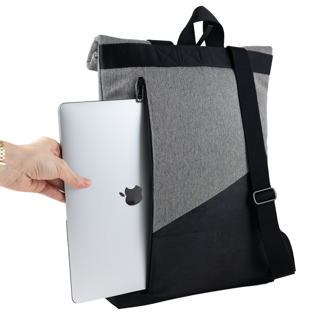 NOAS Rolltop Rucksack Everyday – Size M | mit Laptopfach - Kork Schwarz Canvas Hellgrau