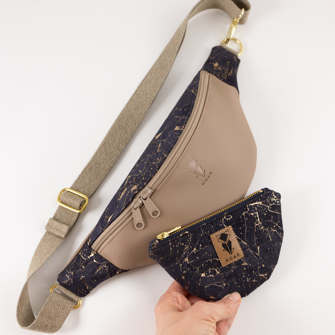 Bauchtasche Taupe Kork Nachtblau Gold Size M