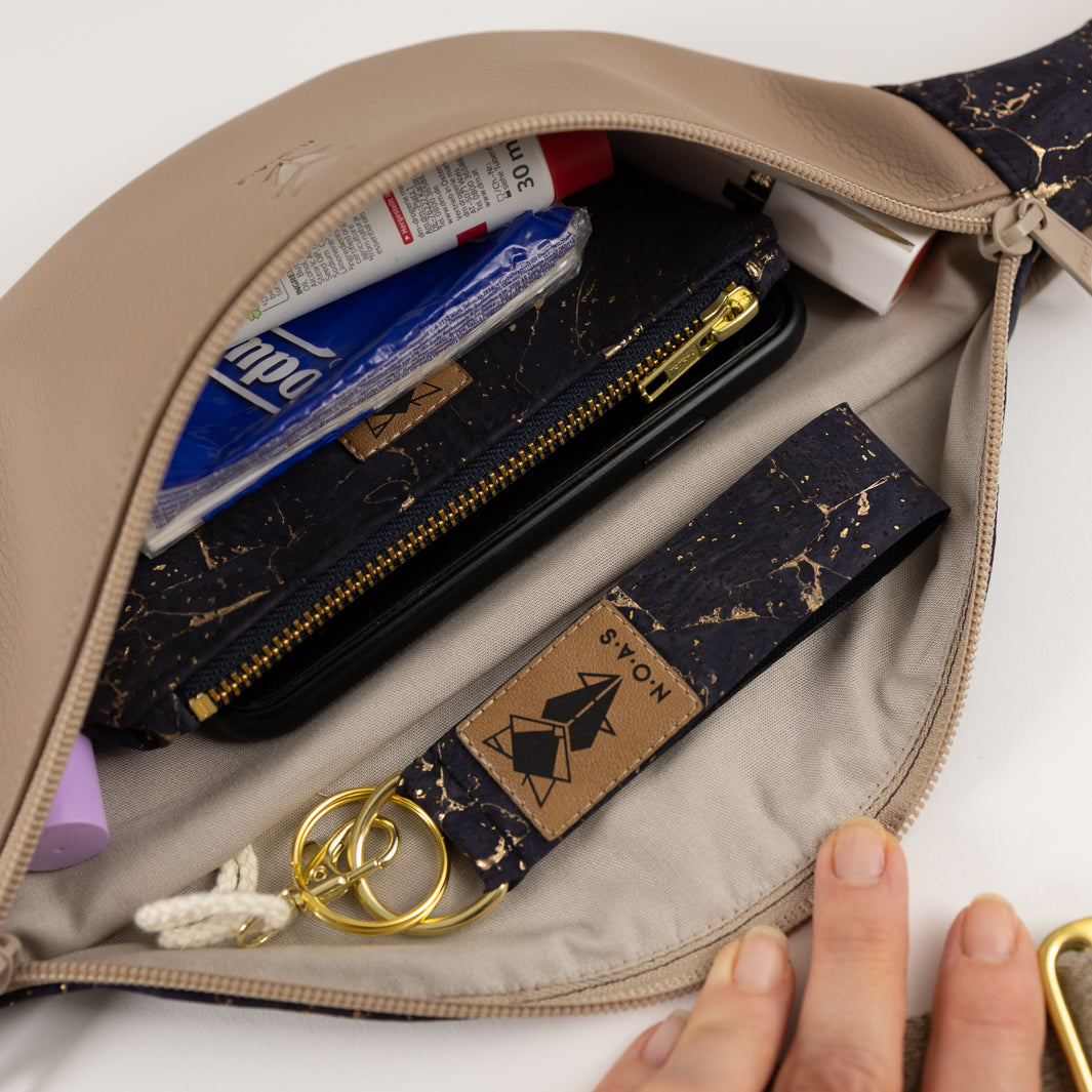 Bauchtasche Taupe Kork Nachtblau Gold Size M
