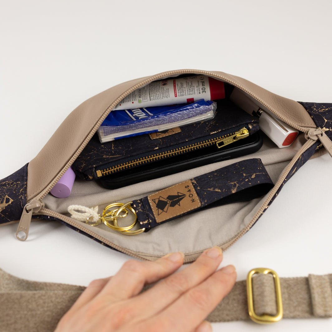 Bauchtasche Taupe Kork Nachtblau Gold Size M