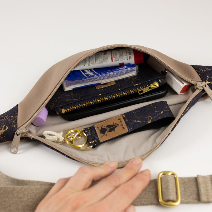 Bauchtasche Taupe Kork Nachtblau Gold Size M