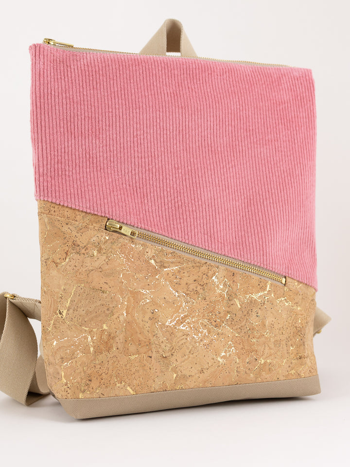 Mini-Rucksack Kork Natur Gold Cord Bubblegum mit Geheimfach