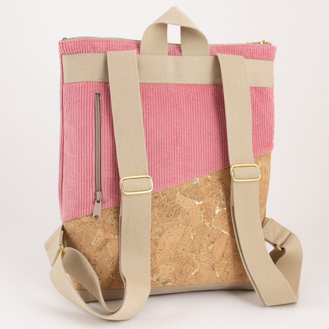 Mini-Rucksack Kork Natur Gold Cord Bubblegum mit Geheimfach