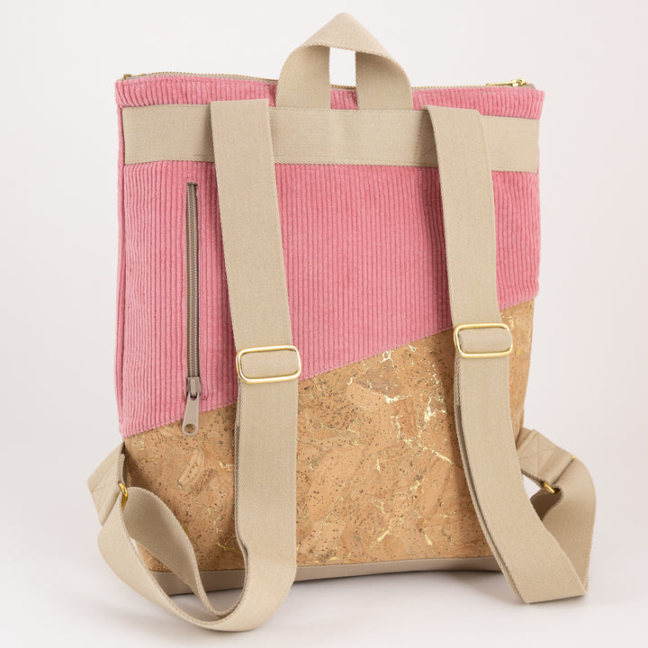 Mini-Rucksack Kork Natur Gold Cord Bubblegum mit Geheimfach