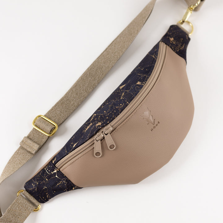 Bauchtasche Taupe Kork Nachtblau Gold Size M