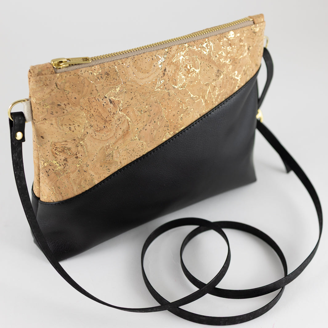 Kleine Handtasche KORK Natur Gold Schwarz mit Reißverschlusstasche