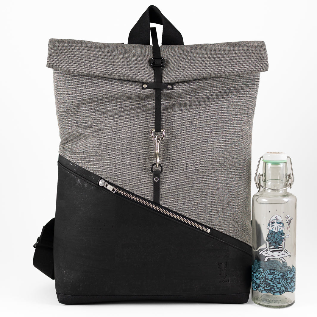 NOAS Rolltop Rucksack Everyday – Size M | mit Laptopfach - Kork Schwarz Canvas Hellgrau