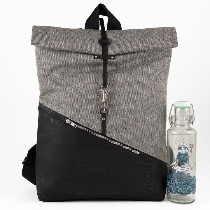 NOAS Rolltop Rucksack Everyday – Size M | mit Laptopfach - Kork Schwarz Canvas Hellgrau