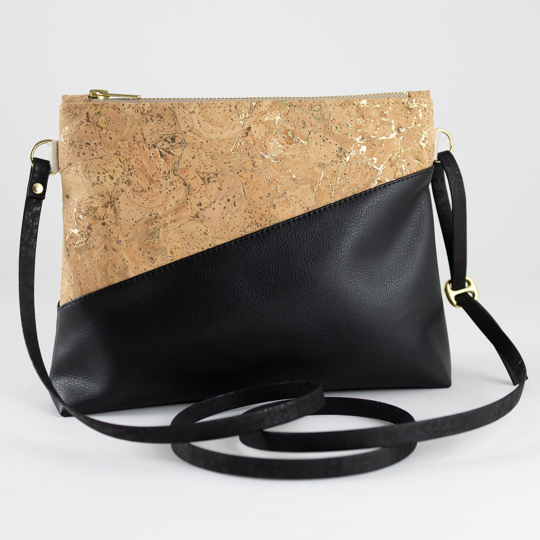 Kleine Handtasche KORK Natur Gold Schwarz mit Reißverschlusstasche