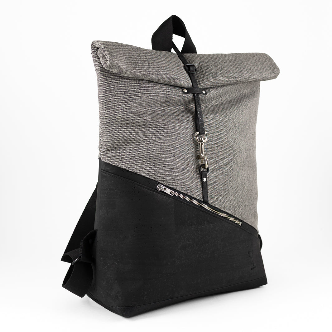 NOAS Rolltop Rucksack Everyday – Size M | mit Laptopfach - Kork Schwarz Canvas Hellgrau
