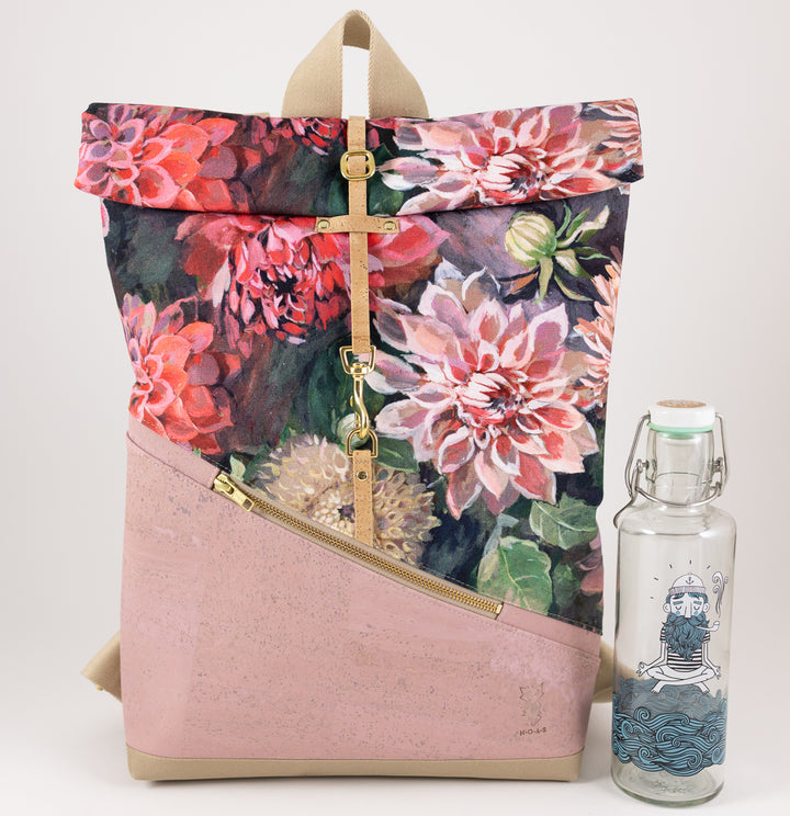Kleiner Rolltop Rucksack Kork Rosa Spring Blossom mit Geheimfach