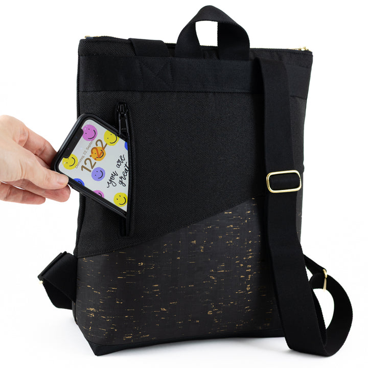 NOAS Mini-Rucksack Kork Schwarz Gold Canvas Schwarz – mit Geheimfach