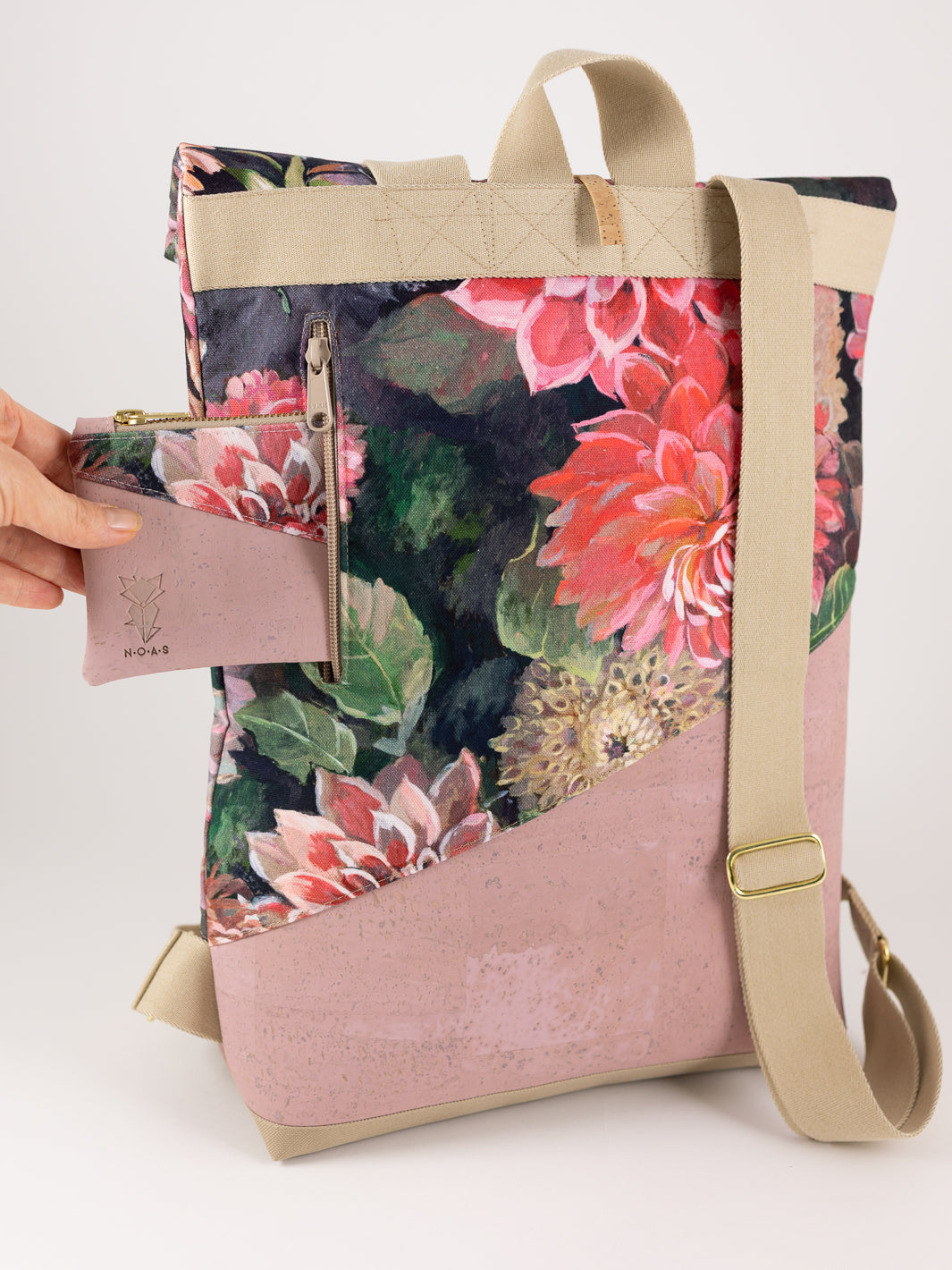 Kleiner Rolltop Rucksack Kork Rosa Spring Blossom mit Geheimfach