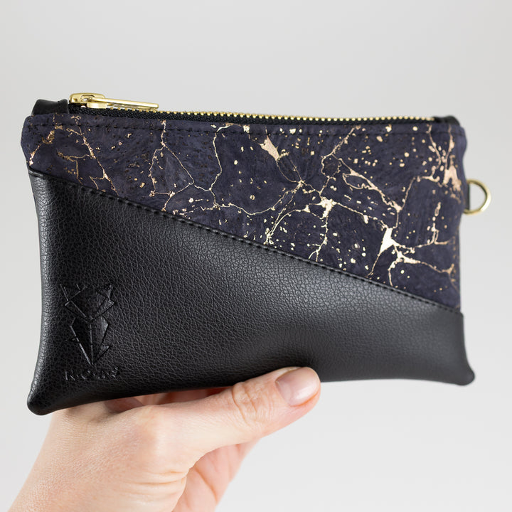 Mini-Geldbörse Kork Nachtblau Gold mit Kartenfächern