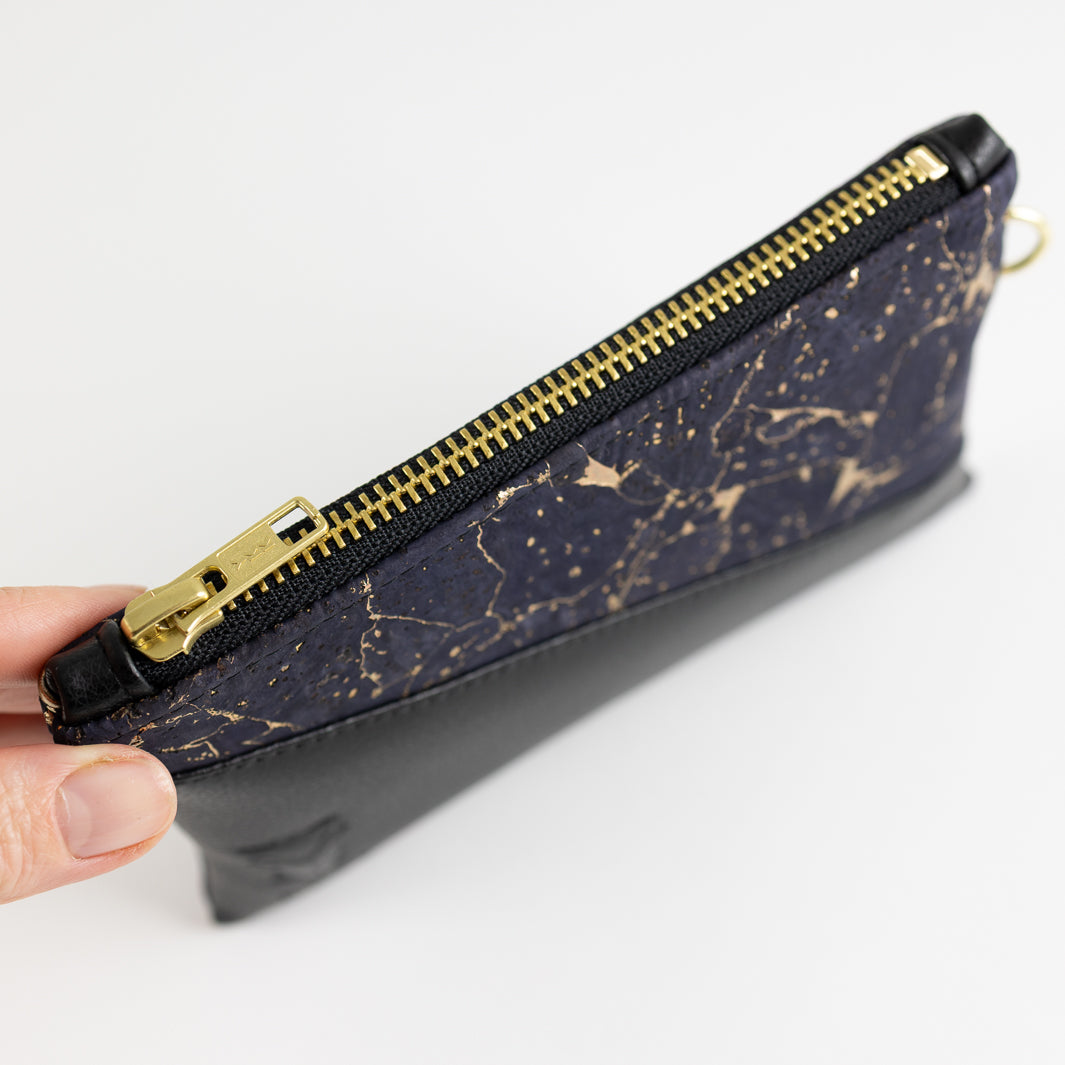 Mini-Geldbörse Kork Nachtblau Gold mit Kartenfächern