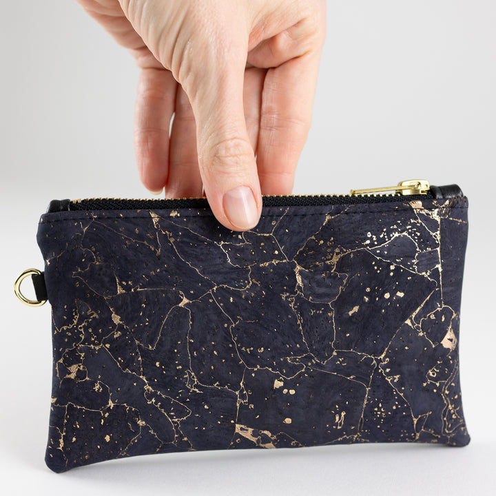 Mini-Geldbörse Kork Nachtblau Gold mit Kartenfächern