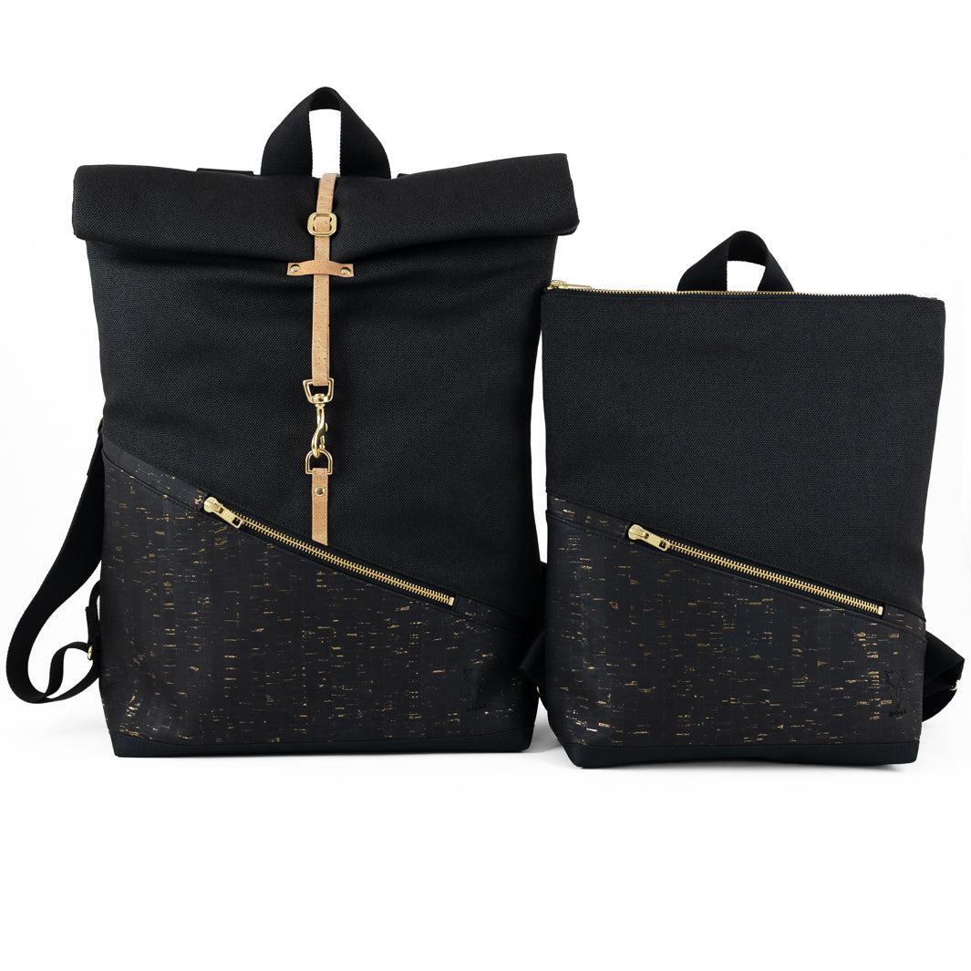 NOAS Mini-Rucksack Kork Schwarz Gold Canvas Schwarz – mit Geheimfach