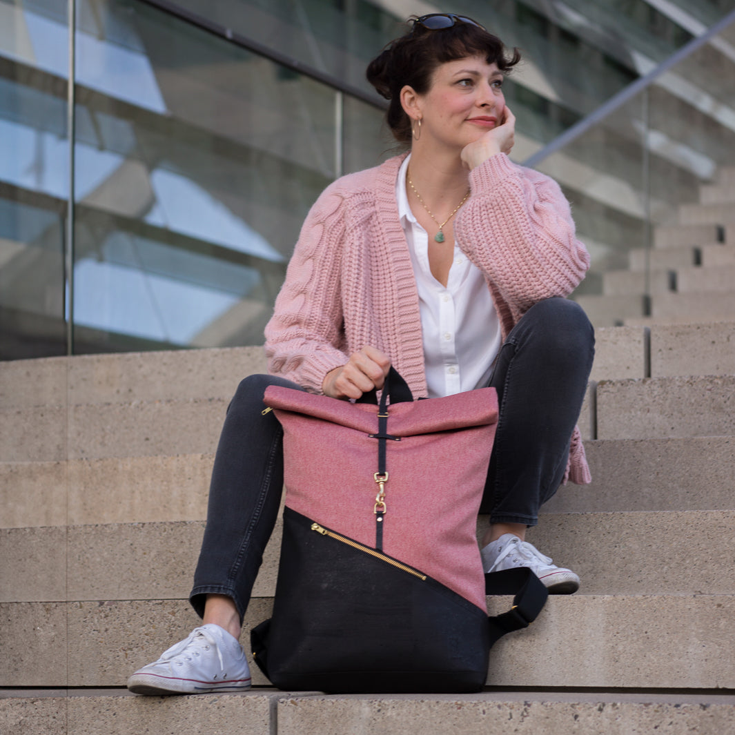 Wähle deine Materialkombination - Großer Rolltop Rucksack Kork & Canvas mit Laptopfach