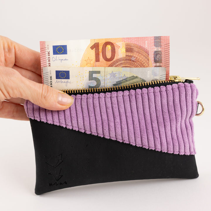 Mini-Geldbörse mit Kartenfächern Kork Schwarz CORD Lilac