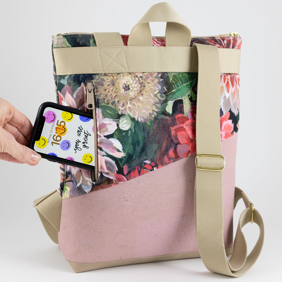 Mini-Rucksack Spring Blossom Kork Rosa mit Geheimfach