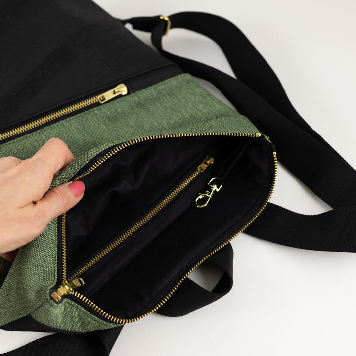 Mini-Rucksack Kork Schwarz Canvas Waldgrün mit Geheimfach