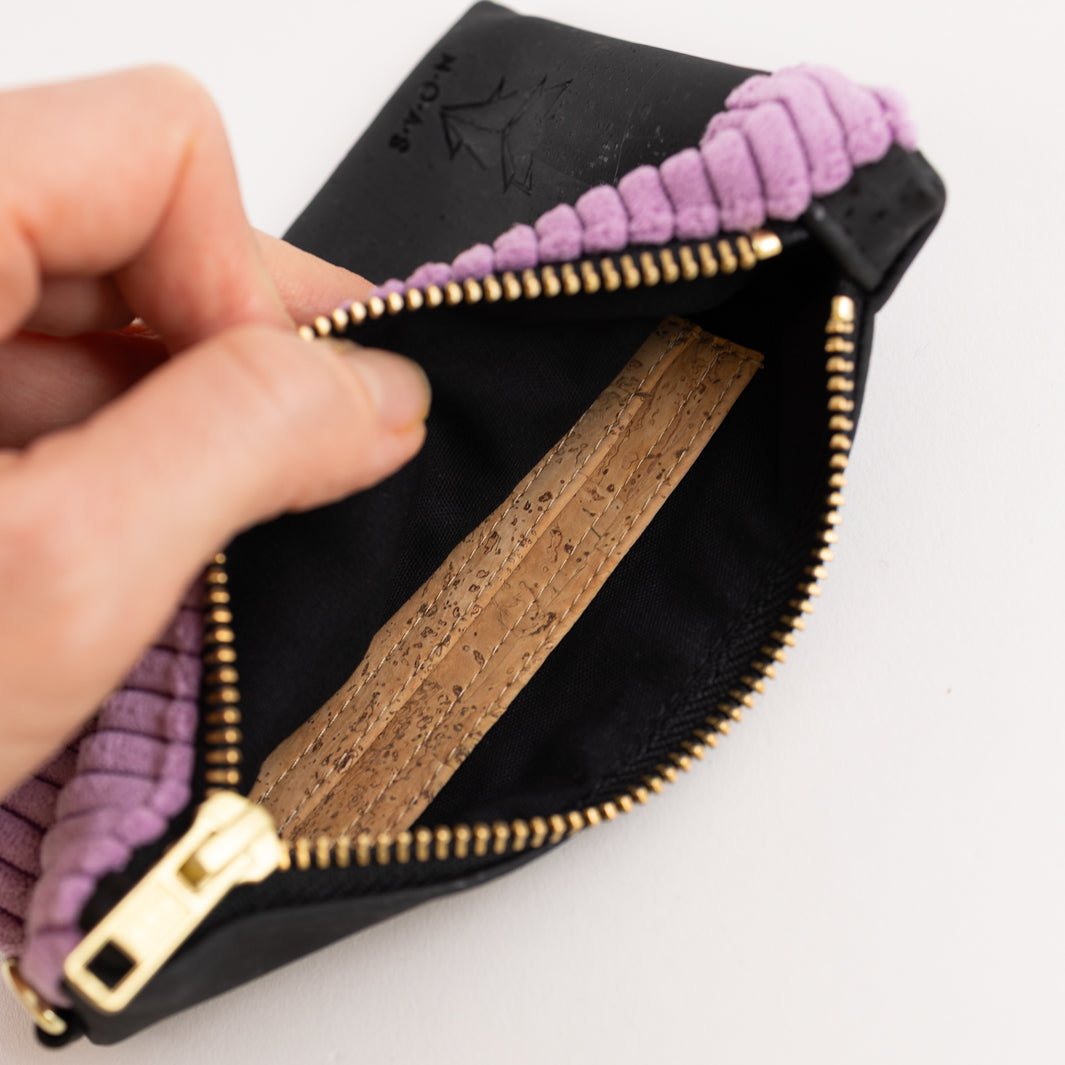 Mini-Geldbörse mit Kartenfächern Kork Schwarz CORD Lilac