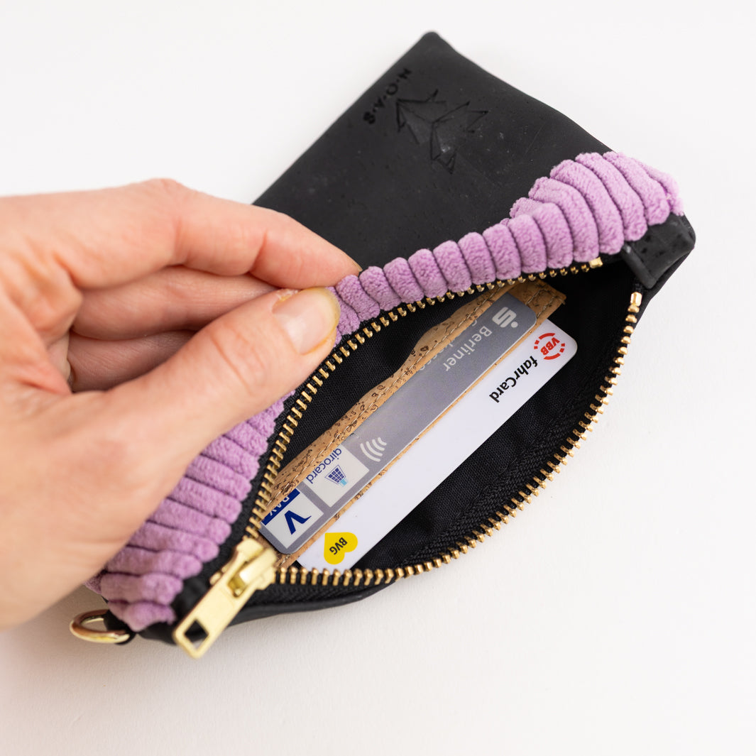 Mini-Geldbörse mit Kartenfächern Kork Schwarz CORD Lilac