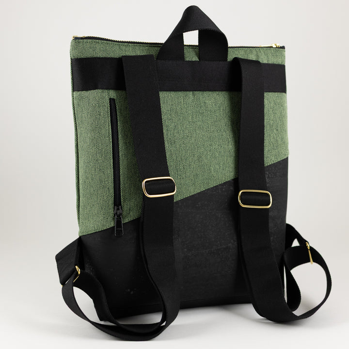 Mini-Rucksack Kork Schwarz Canvas Waldgrün mit Geheimfach