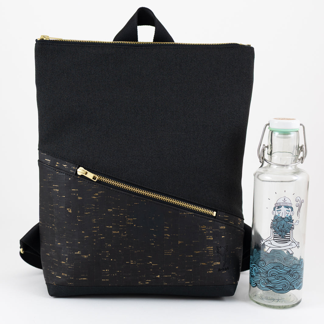 NOAS Mini-Rucksack Kork Schwarz Gold Canvas Schwarz – mit Geheimfach