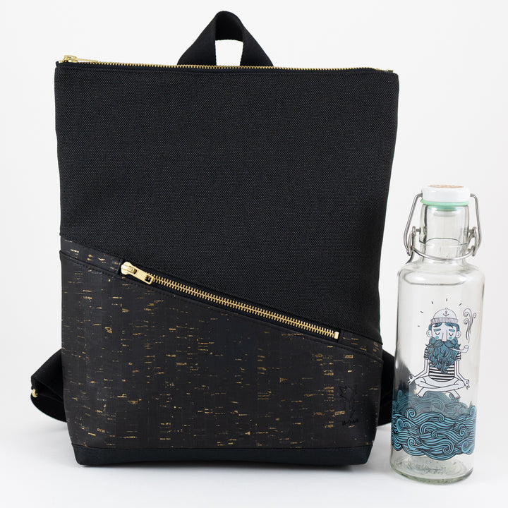 NOAS Mini-Rucksack Kork Schwarz Gold Canvas Schwarz – mit Geheimfach