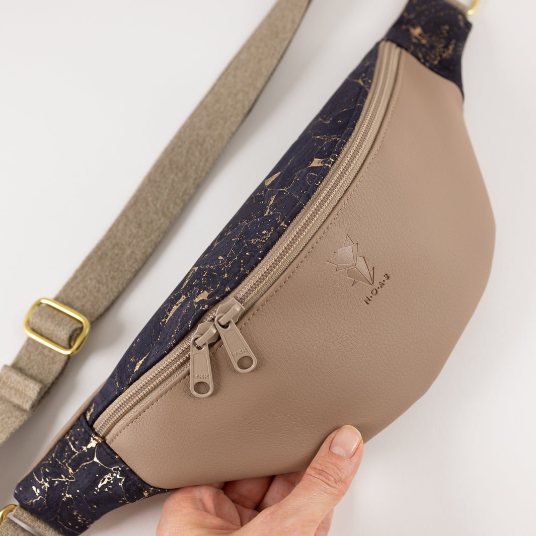 Bauchtasche Taupe Kork Nachtblau Gold Size M