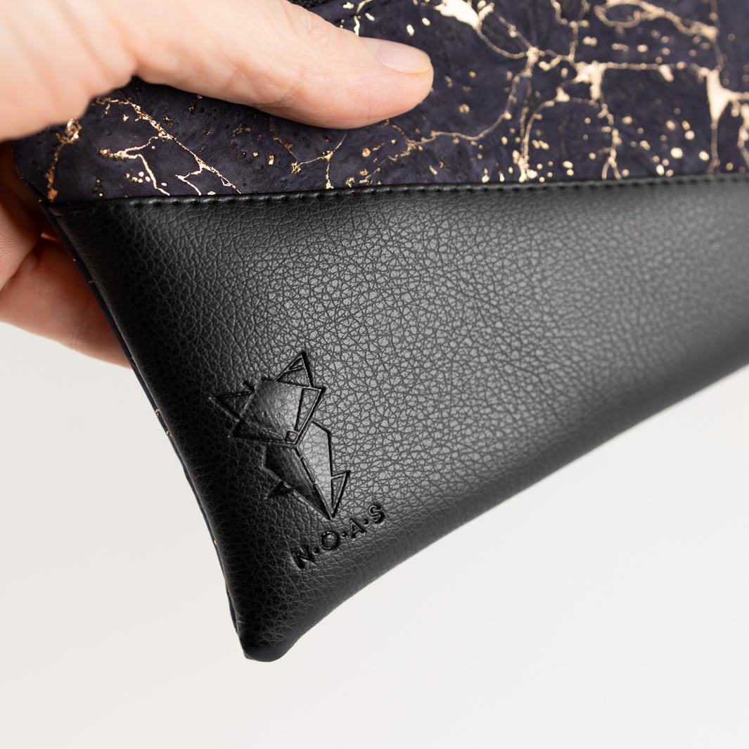 Mini-Geldbörse Kork Nachtblau Gold mit Kartenfächern