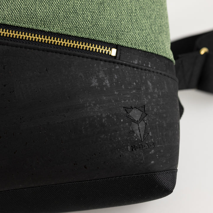 Mini-Rucksack Kork Schwarz Canvas Waldgrün mit Geheimfach