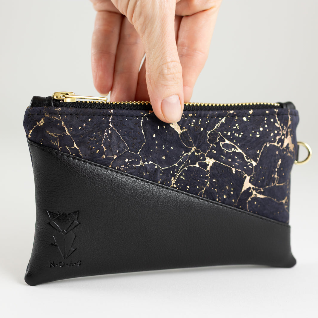 Mini-Geldbörse Kork Nachtblau Gold mit Kartenfächern