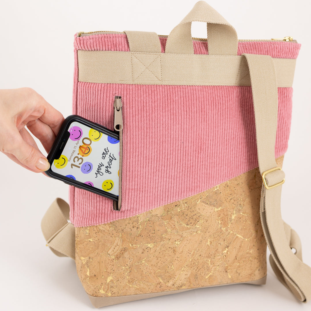 Mini-Rucksack Kork Natur Gold Cord Bubblegum mit Geheimfach