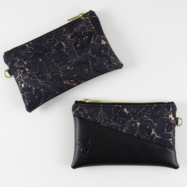 Mini-Geldbörse Kork Nachtblau Gold mit Kartenfächern