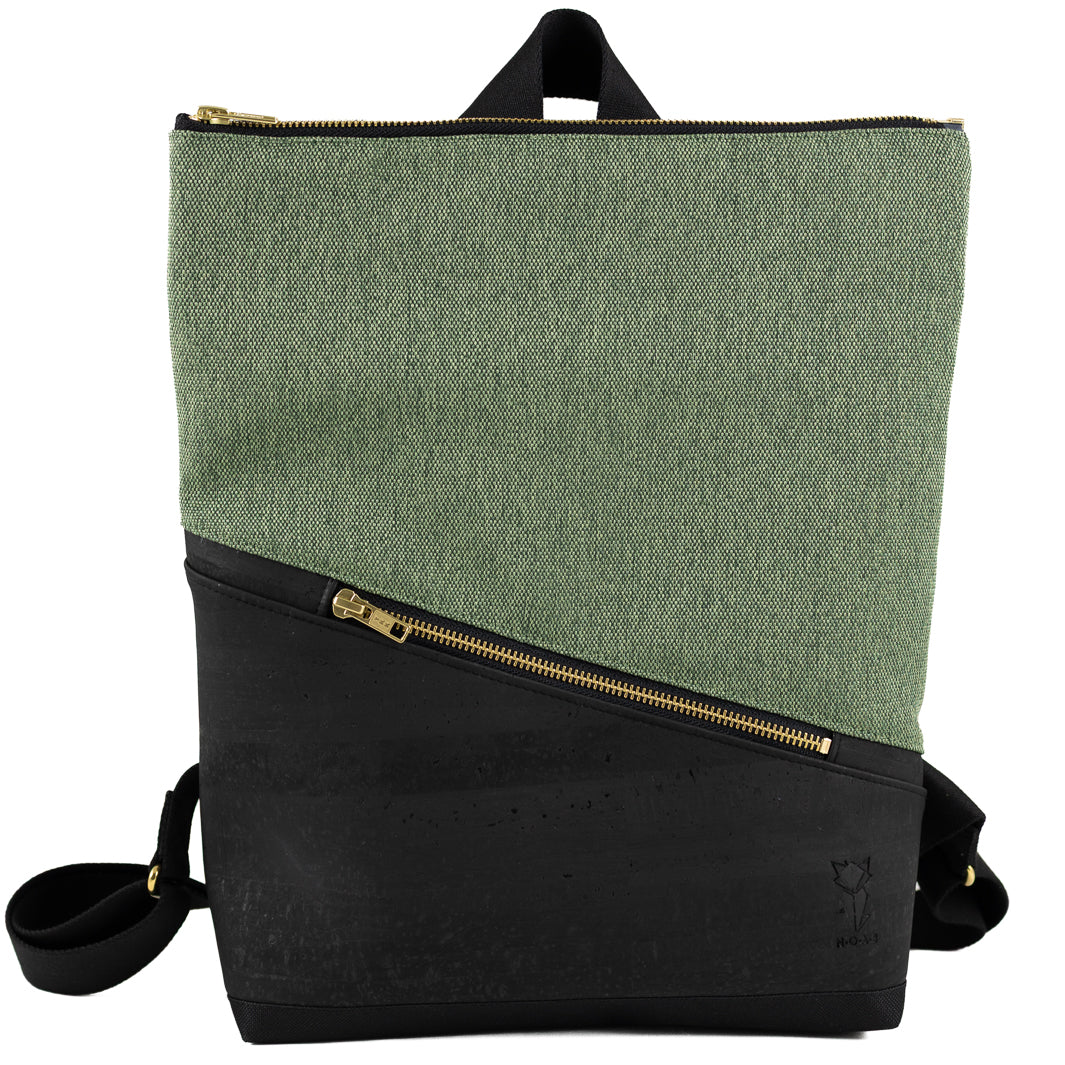 Mini-Rucksack Kork Schwarz Canvas Waldgrün mit Geheimfach
