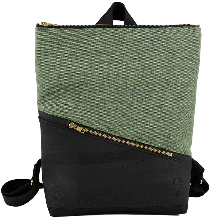 Mini-Rucksack Kork Schwarz Canvas Waldgrün mit Geheimfach