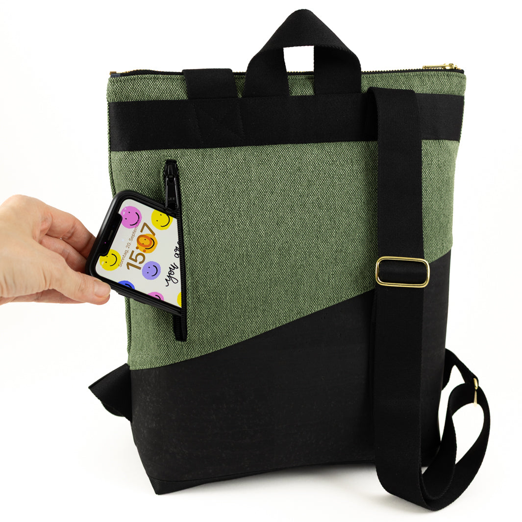 NOAS Mini Backpack Cork Black Canvas Forest Green – with secret compartment