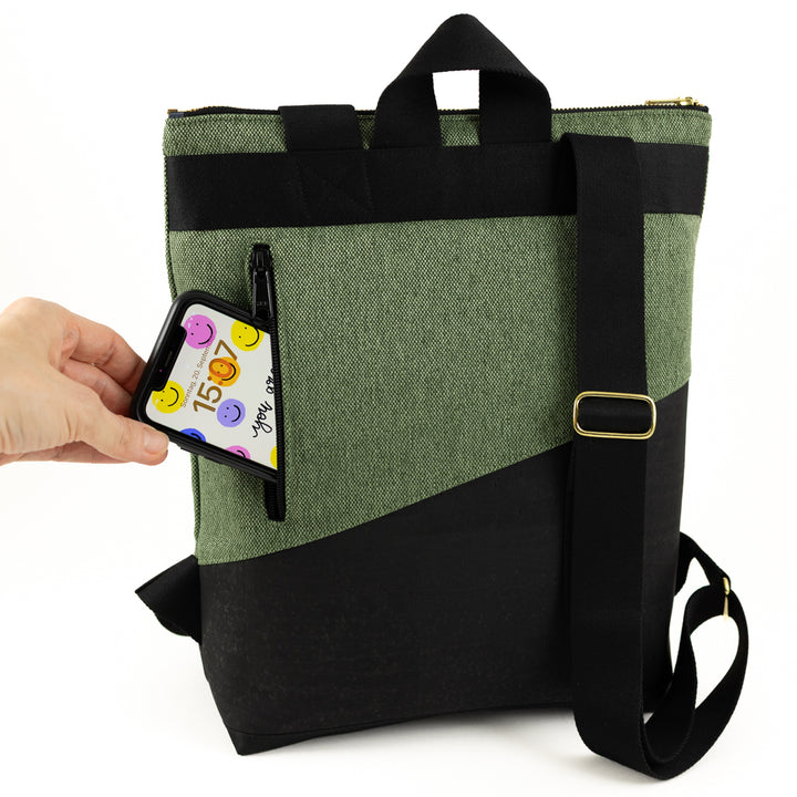 NOAS Mini Backpack Cork Black Canvas Forest Green – with secret compartment