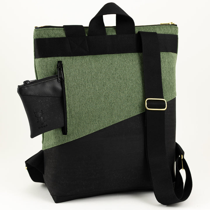 NOAS Mini Backpack Cork Black Canvas Forest Green – with secret compartment