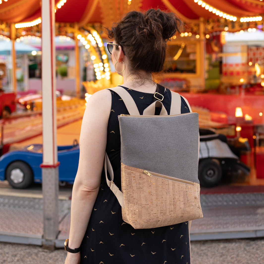 NOAS Mini Backpack Cork Black Canvas Forest Green – with secret compartment