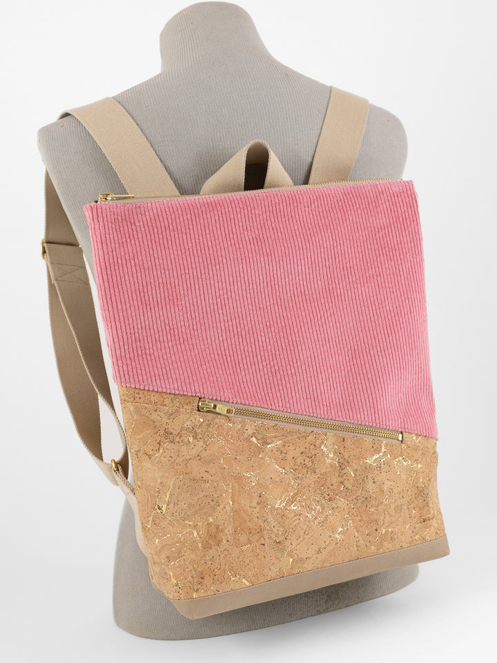 Mini-Rucksack Kork Natur Gold Cord Bubblegum mit Geheimfach