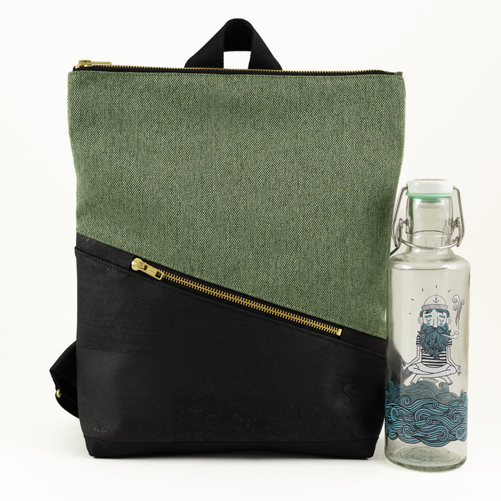 NOAS Mini Backpack Cork Black Canvas Forest Green – with secret compartment