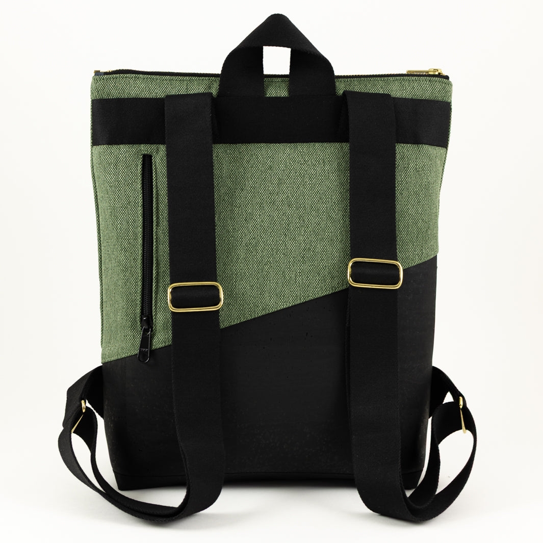 NOAS Mini Backpack Cork Black Canvas Forest Green – with secret compartment